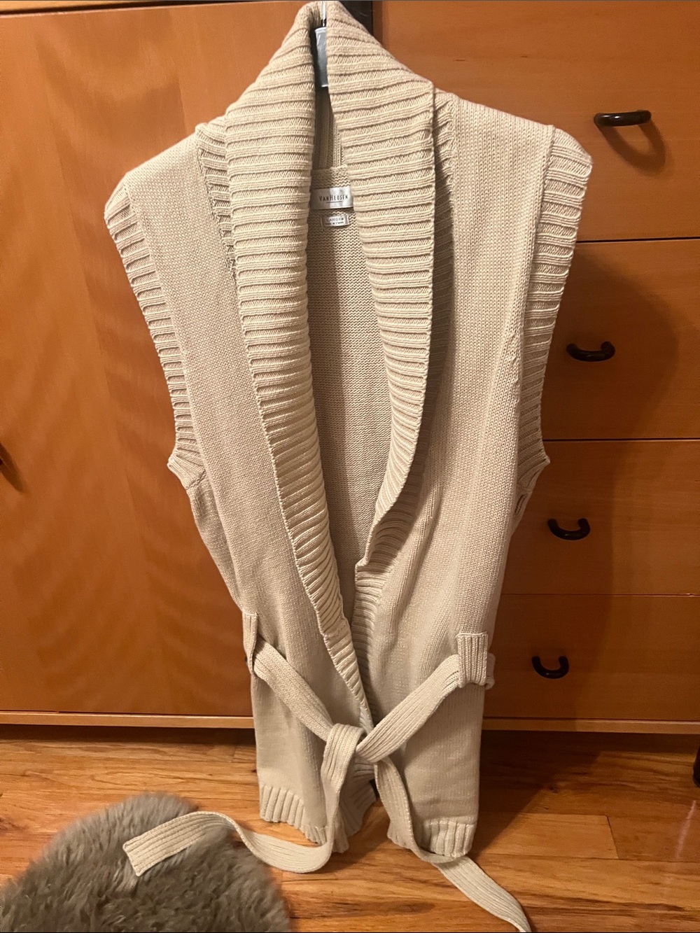 Van Heusen Beige Sleeveless Shawl-Collar Belted Knit Vest